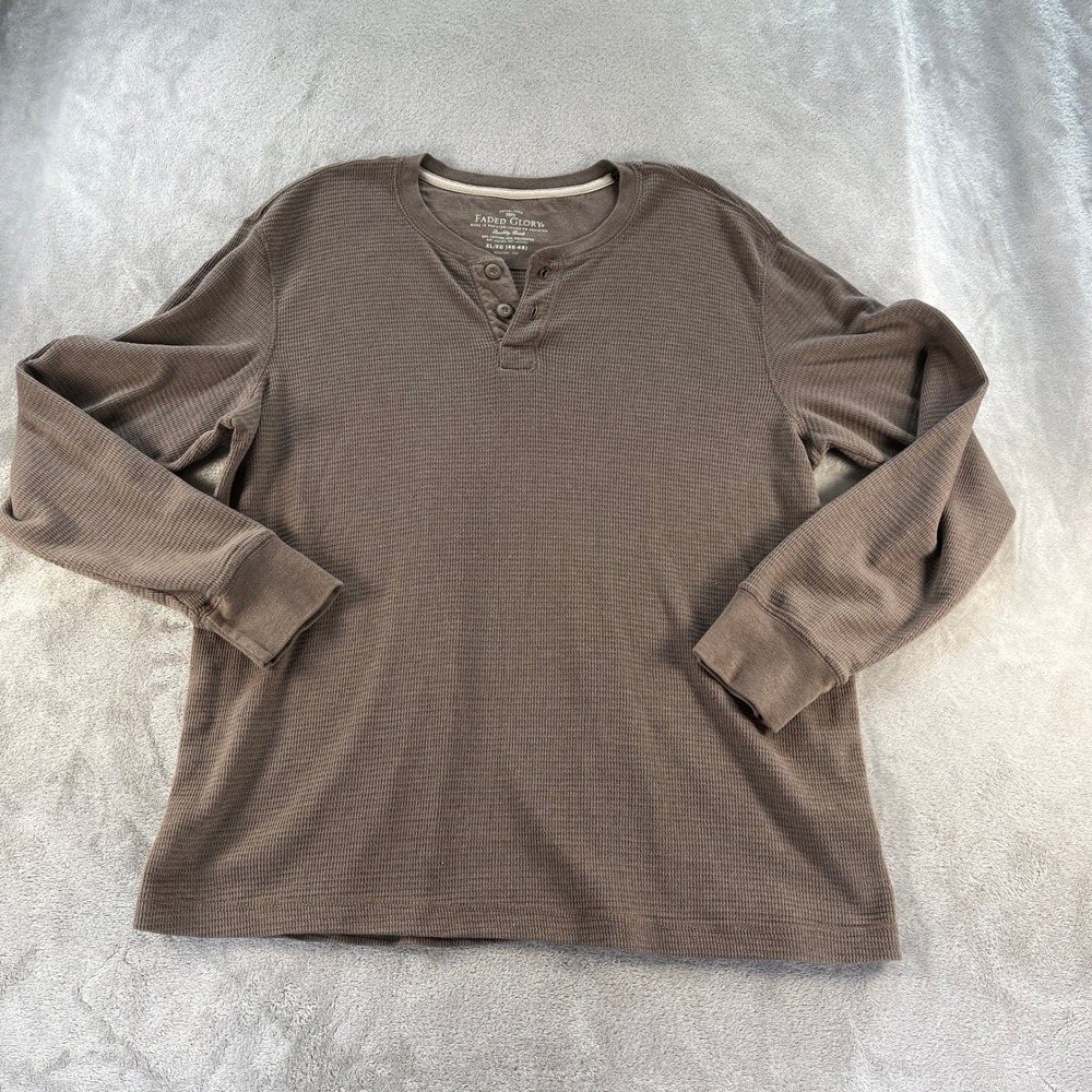 Faded Glory Henley Shirt Mens XL Brown Waffle Knit Thermal Long Sleeve Layering - Picture 2 of 11